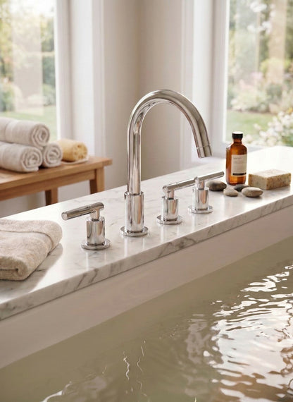 Onyx Elements three-hole widespread bathroom faucet in polished chrome with high-arc spout and two lever handles.