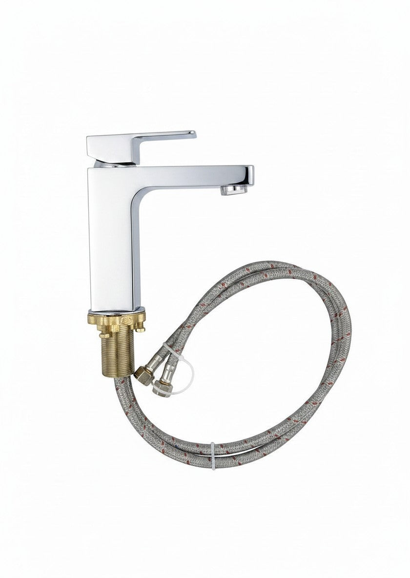 Onyx Elements chrome bathroom faucet with a modern squared edge design, removable filter, and brass locking nut.