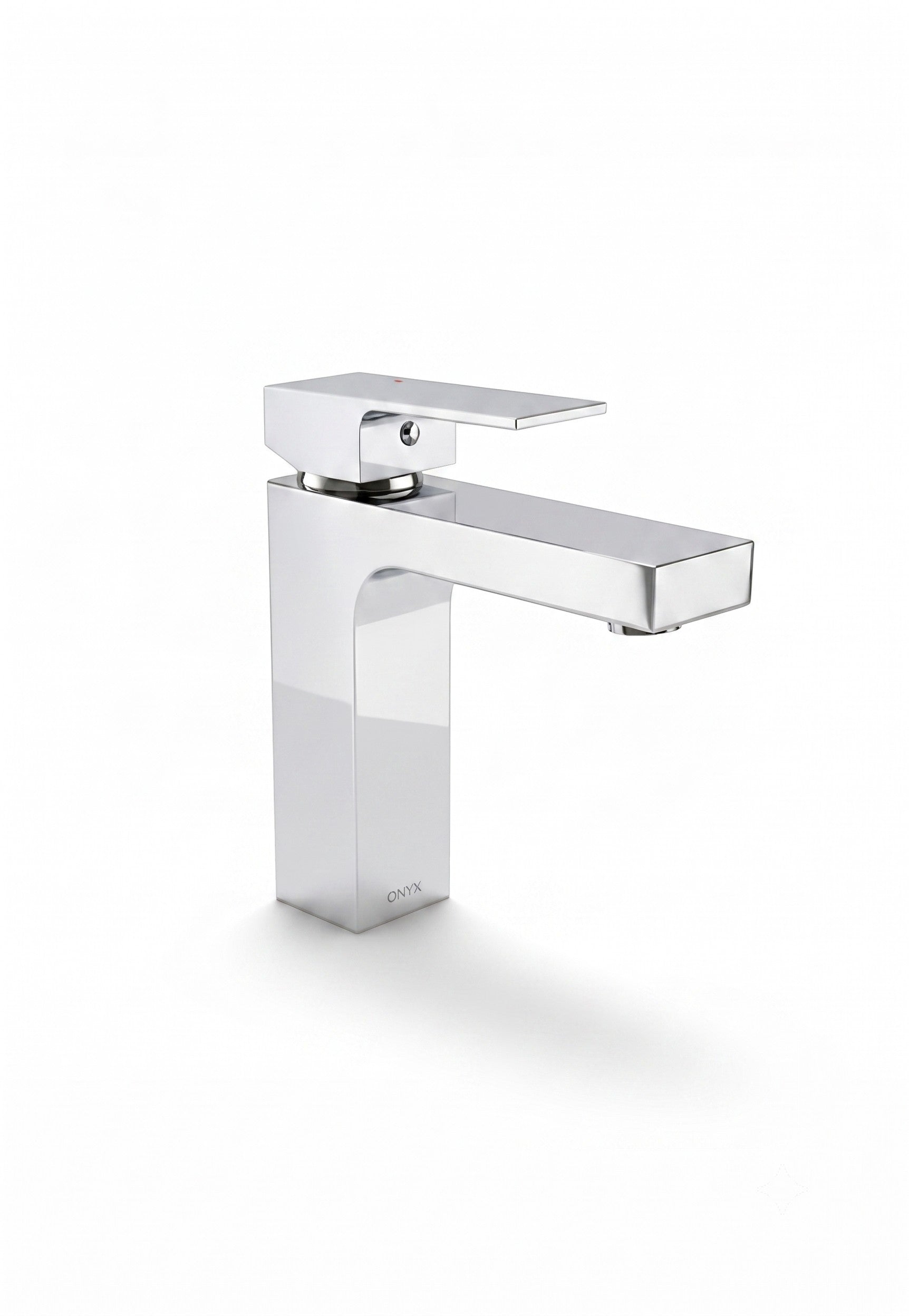Onyx Elements chrome bathroom faucet with a modern squared edge design and removable filter.