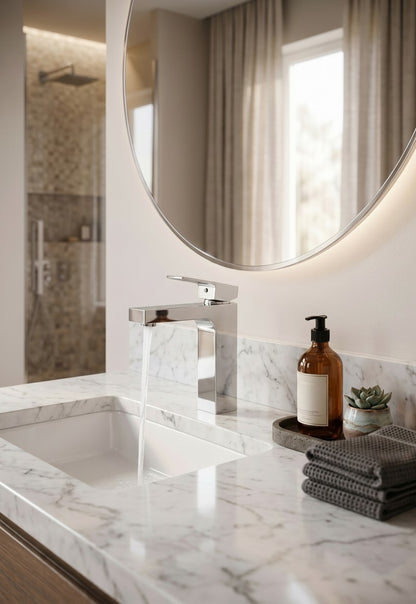 Onyx Elements squared chrome bathroom sink faucet with a modern design on a marble countertop.